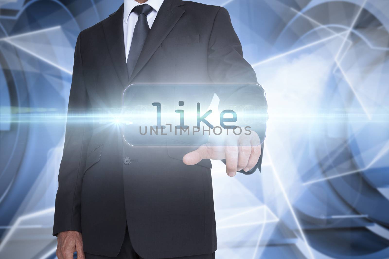 The word like and businessman pointing against white abstract angular design