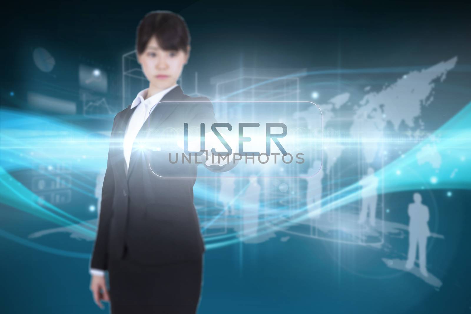 The word user and focused businesswoman pointing against abstract glowing black background