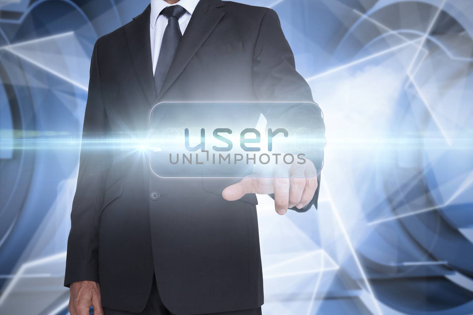 The word user and businessman pointing against white abstract angular design