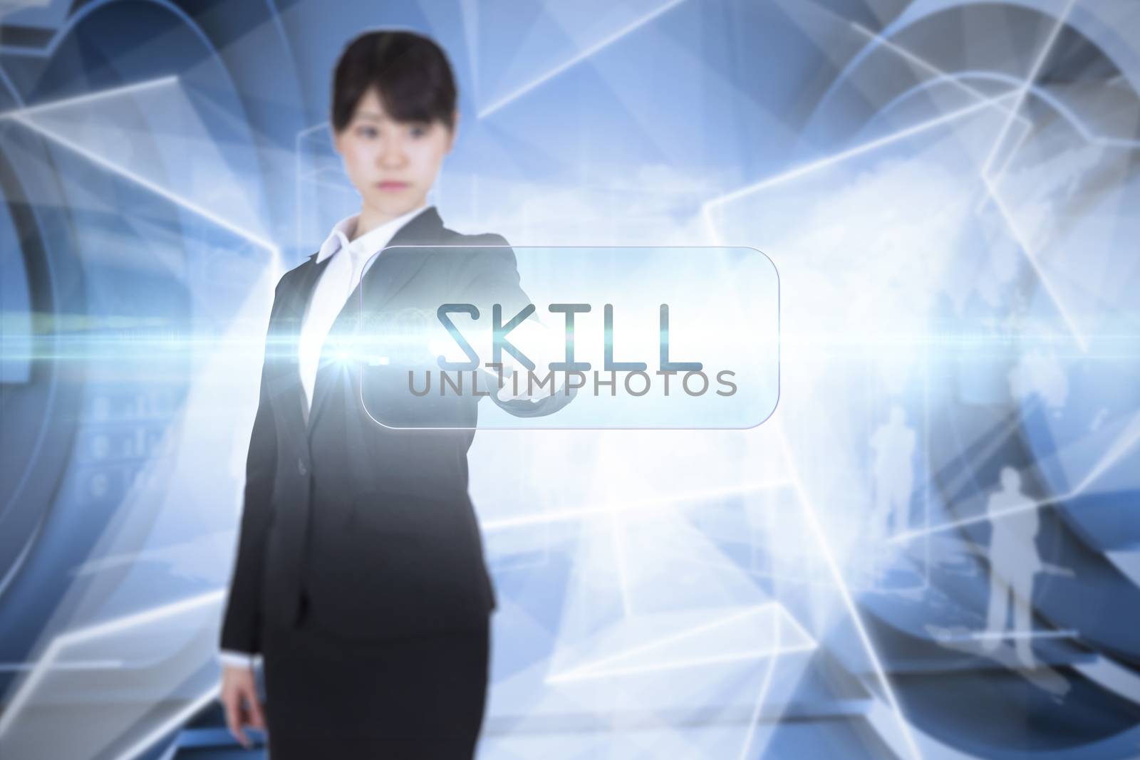 The word skill and focused businesswoman pointing against white abstract angular design