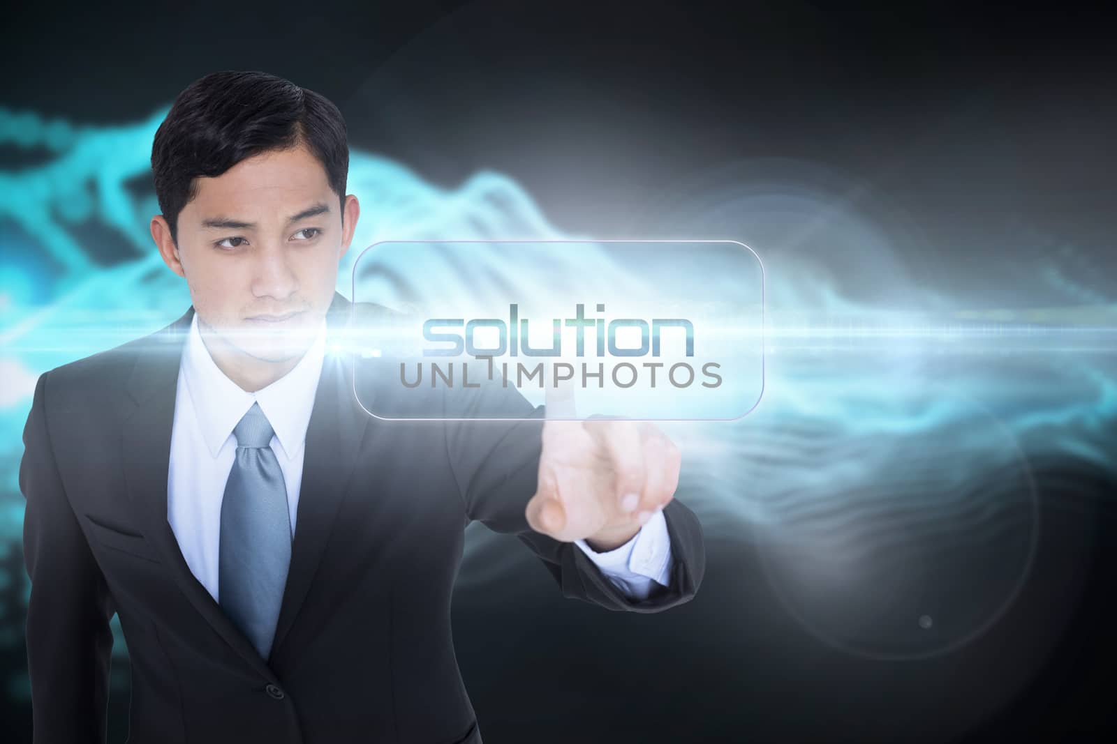 The word solution and unsmiling asian businessman pointing against abstract blue glowing black background