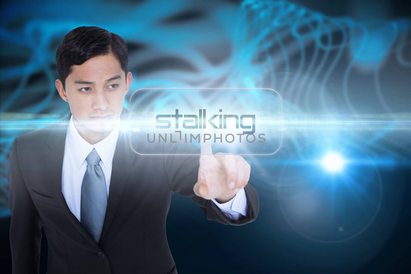The word stalking and unsmiling asian businessman pointing against abstract glowing black background