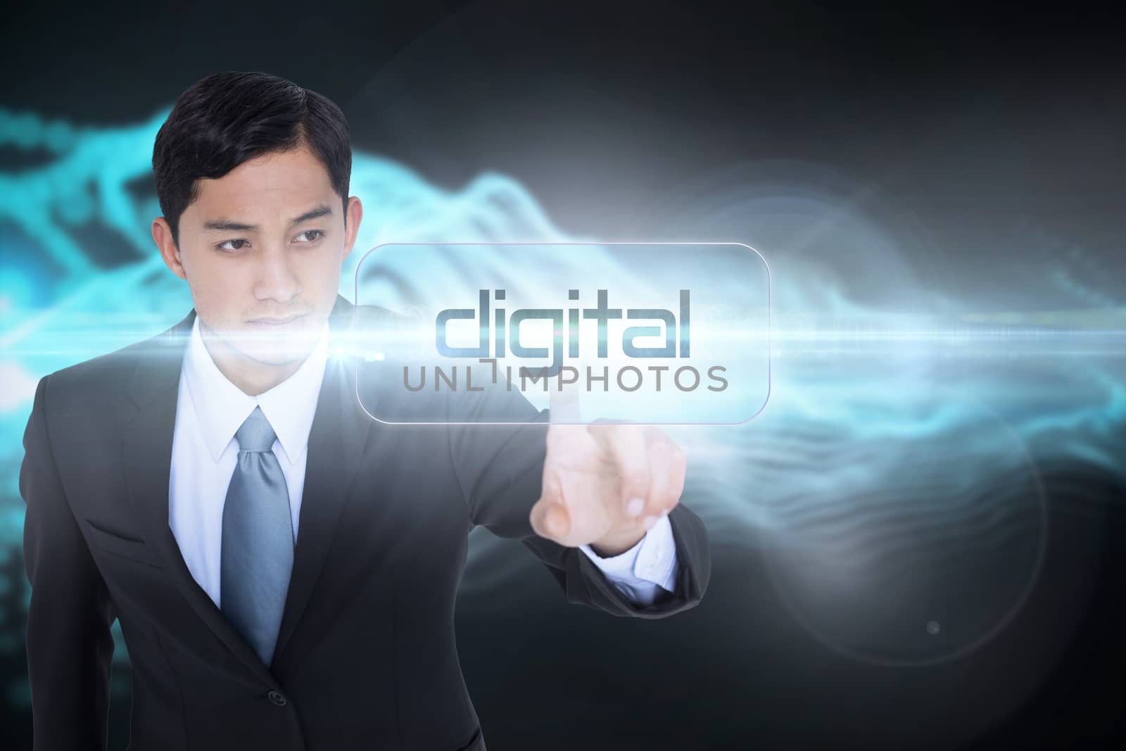 The word digital and unsmiling asian businessman pointing against abstract blue glowing black background