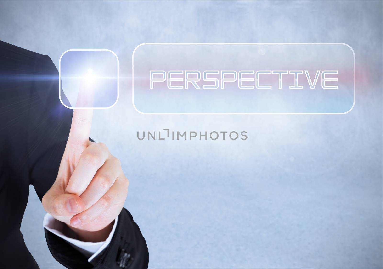 Businesswomans finger touching perspective button against grey wall