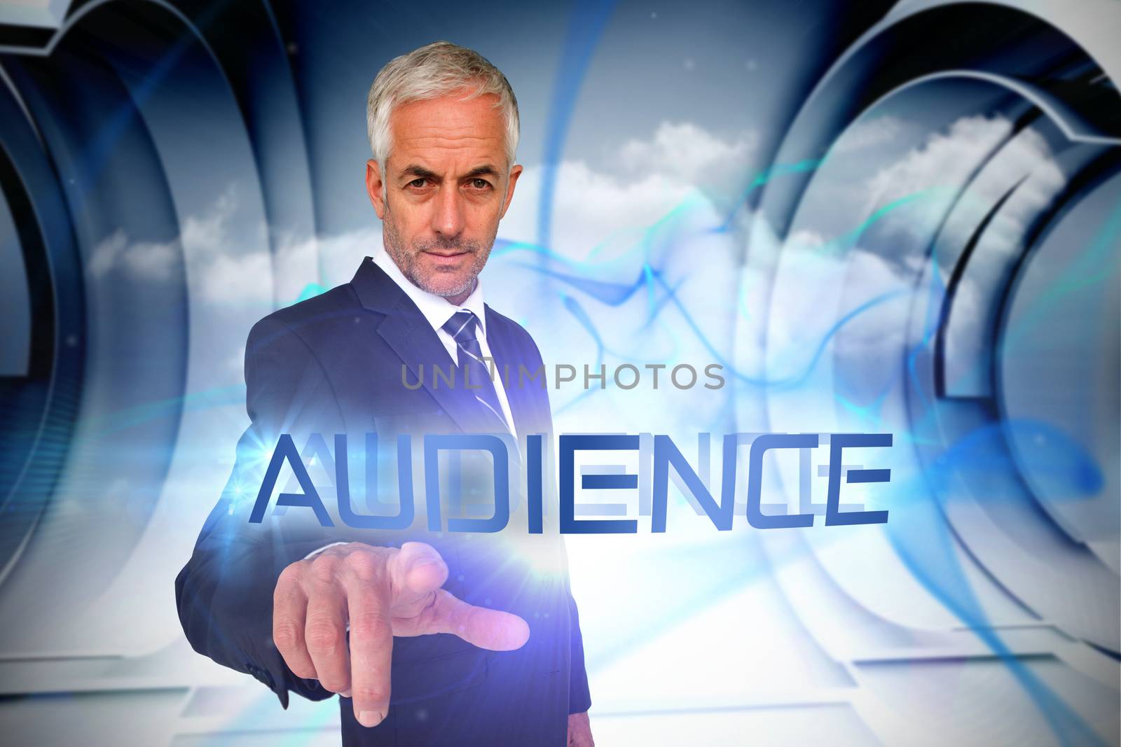 The word audience and businessman pointing against abstract blue cloud design