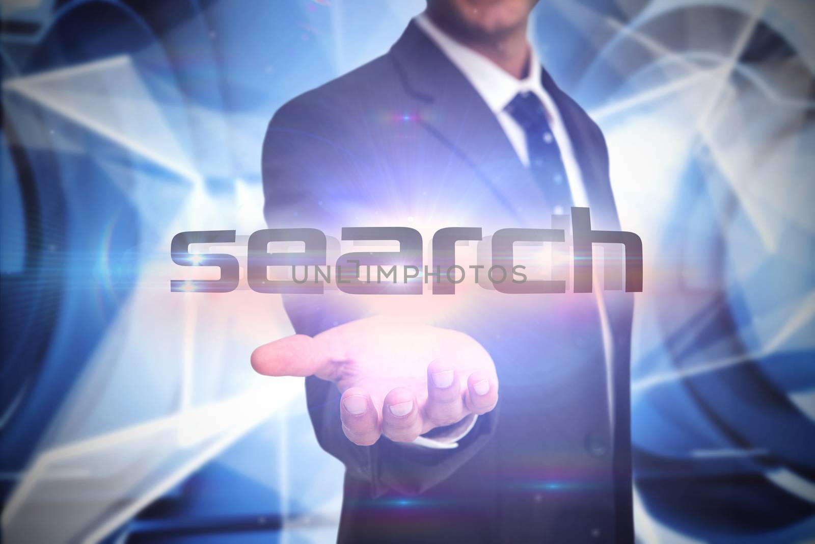 The word search and businessman presenting against white abstract angular design