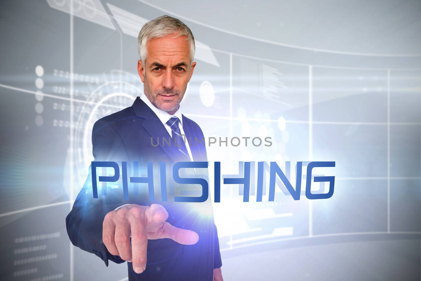 The word phishing and businessman pointing against futuristic technology interface