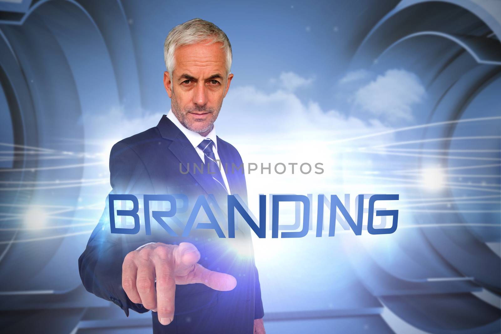 The word branding and businessman pointing against abstract white cloud design