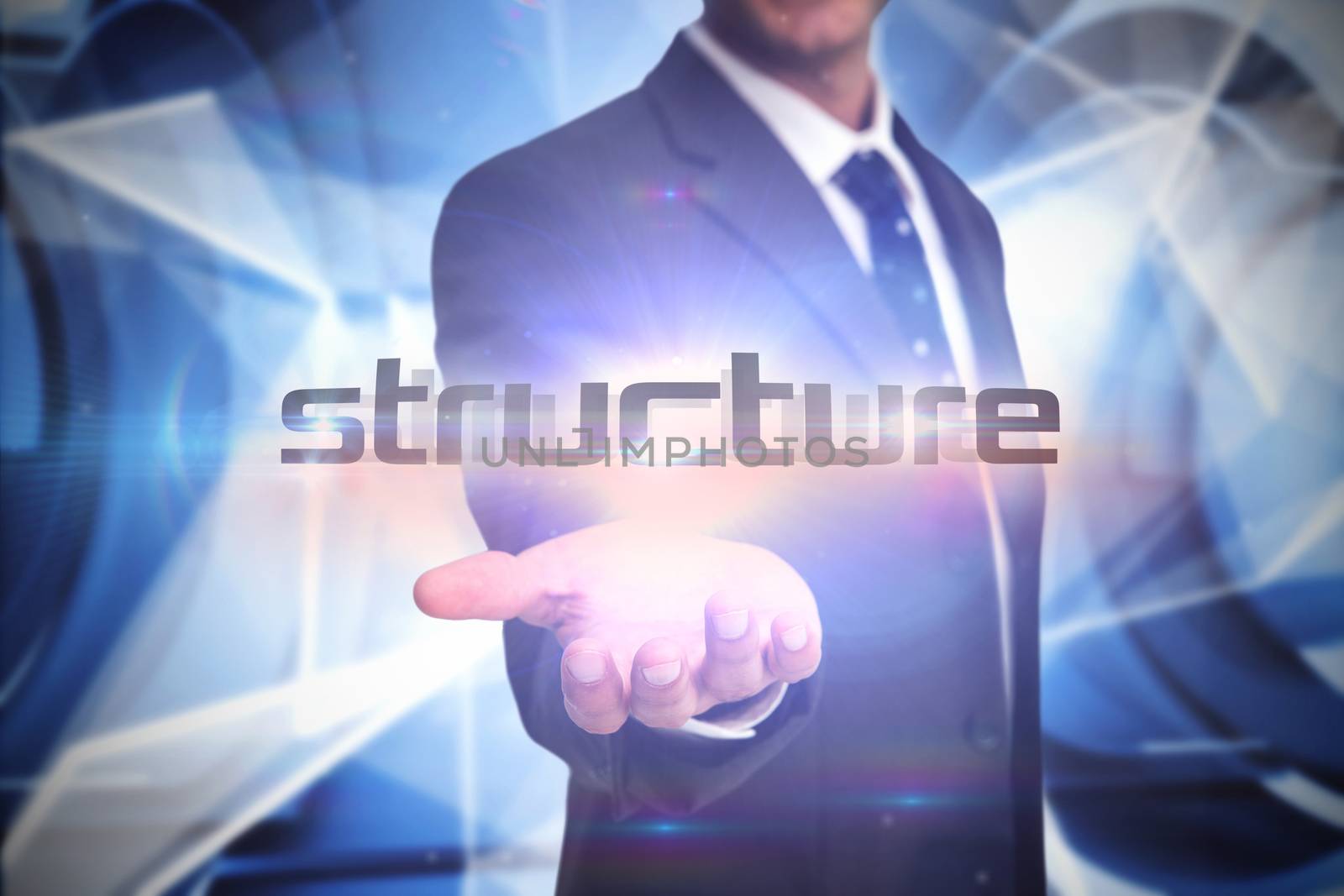 The word structure and businessman presenting against white abstract angular design