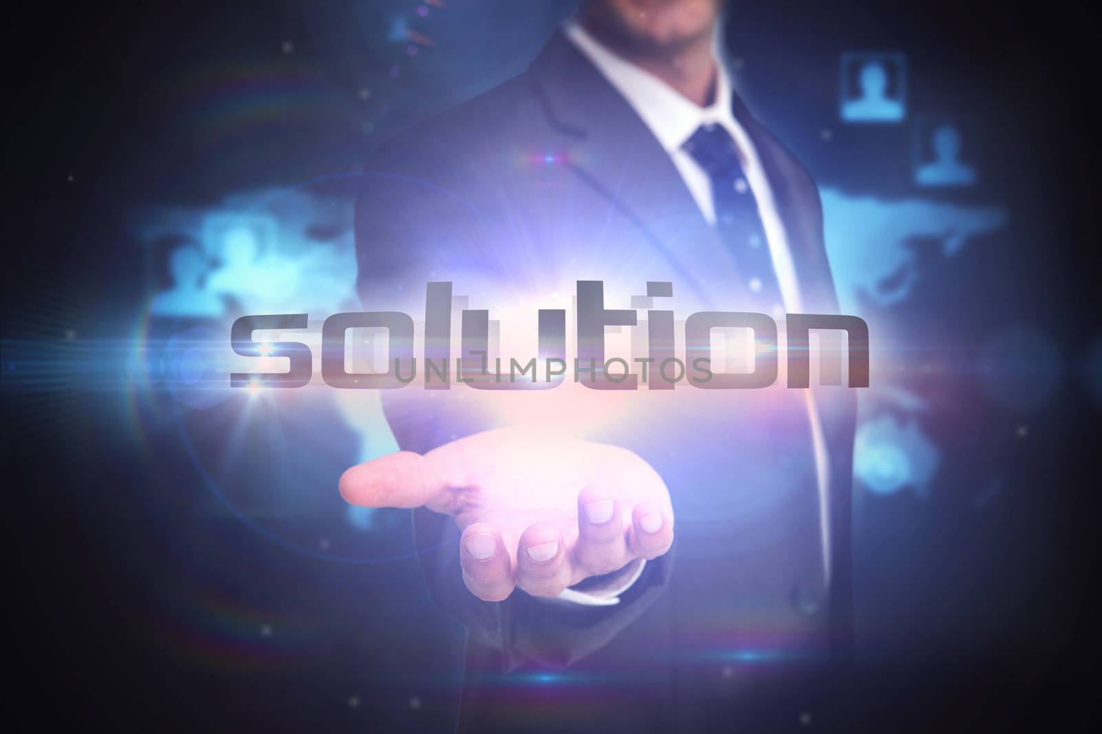 The word solution and businessman presenting against futuristic technology interface