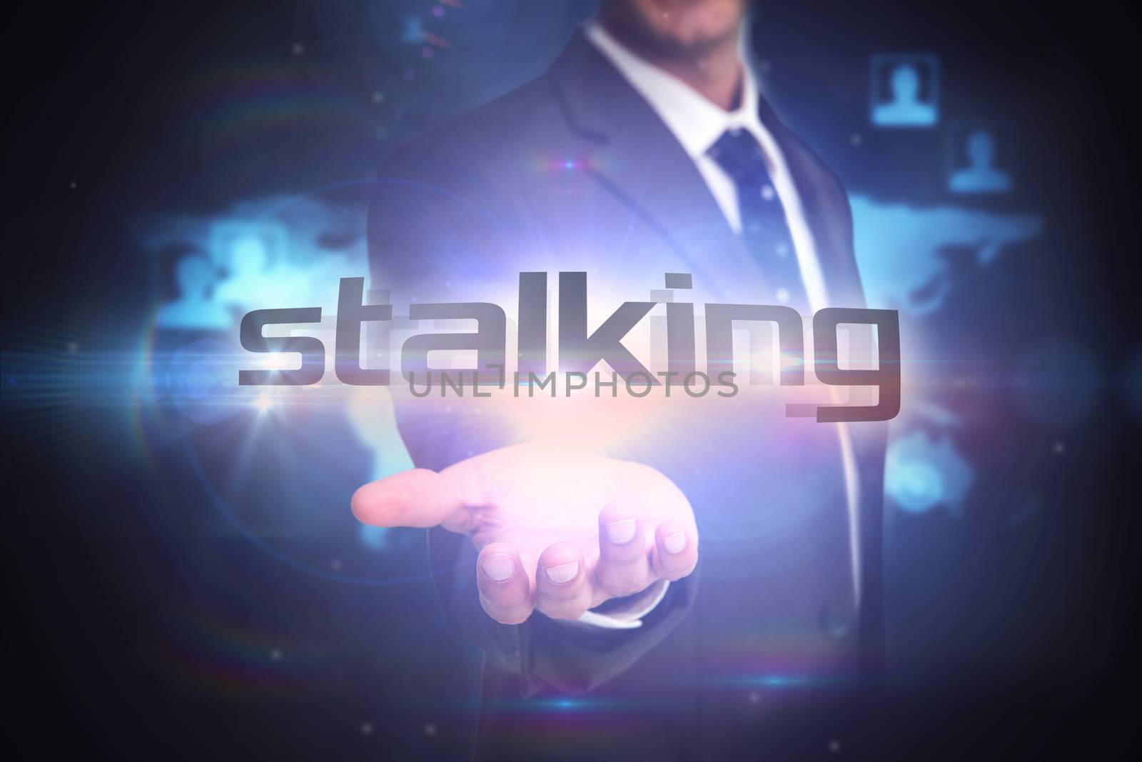 The word stalking and businessman presenting against futuristic technology interface