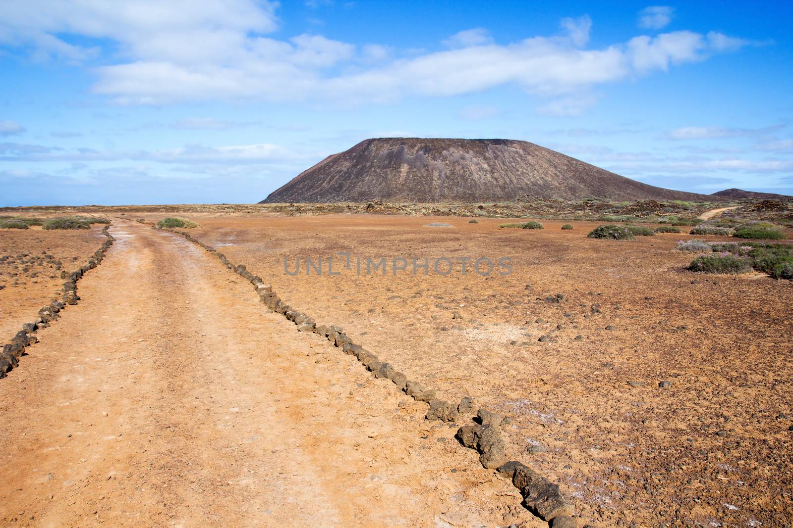 Trail and volcano on Island of Los Lobos in the Canary Islands by Brigida_Soriano