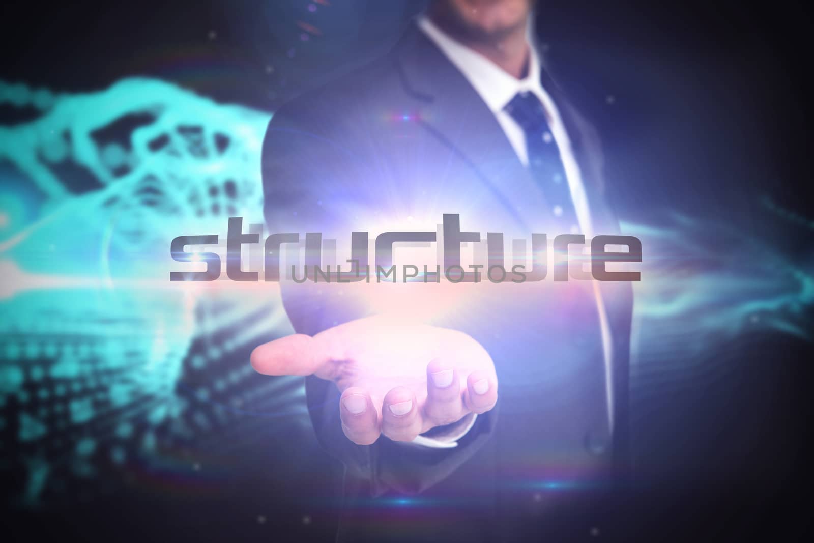 The word structure and businessman presenting against abstract blue glowing black background