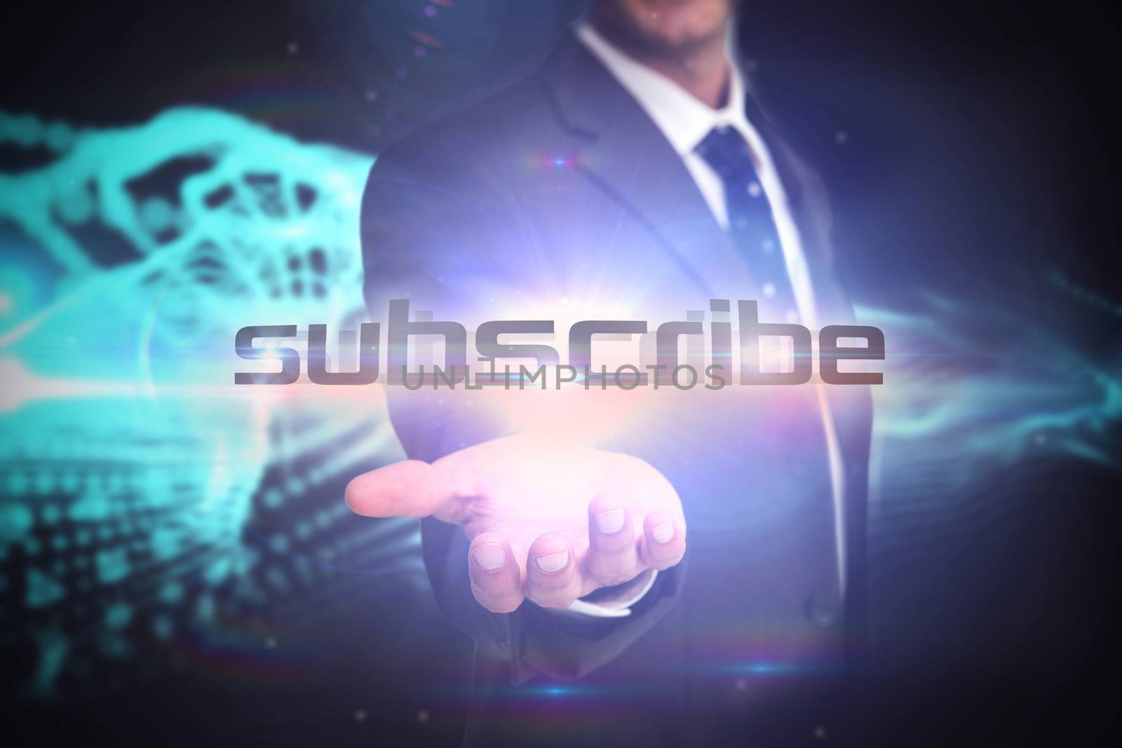 The word subscribe and businessman presenting against abstract blue glowing black background
