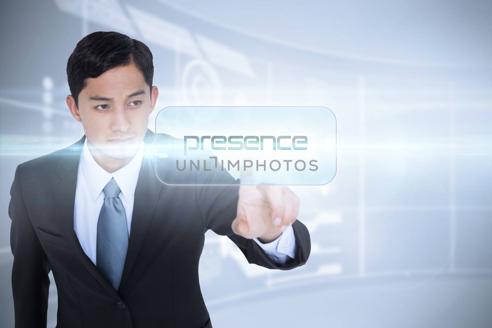The word presence and unsmiling asian businessman pointing against futuristic technology interface