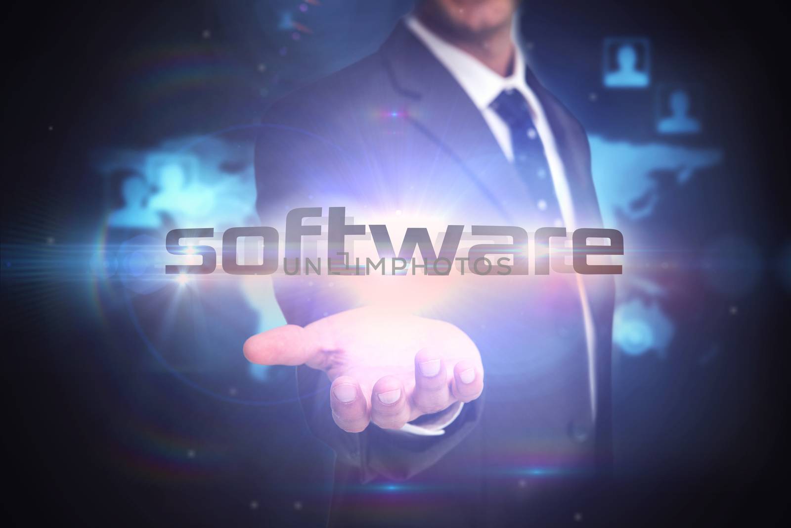 The word software and businessman presenting against futuristic technology interface
