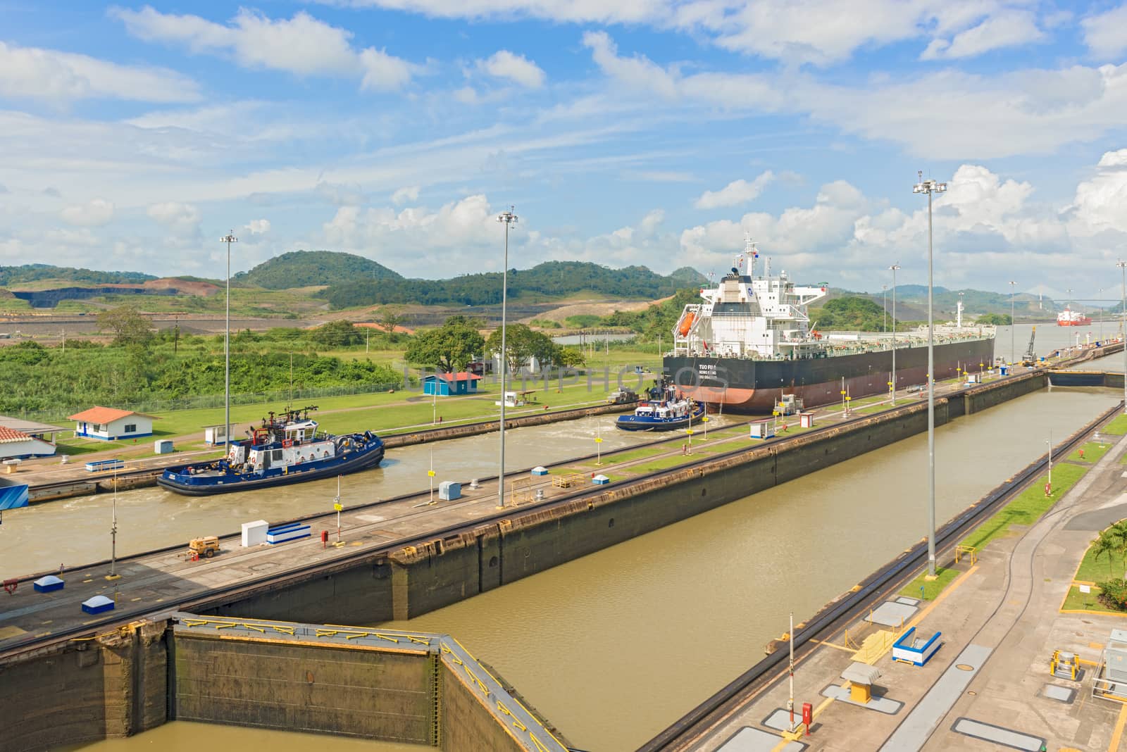 Panama City, Panama - January 2, 2014: Panama Canal, Miraflores locks on a sunny day in January 2014.