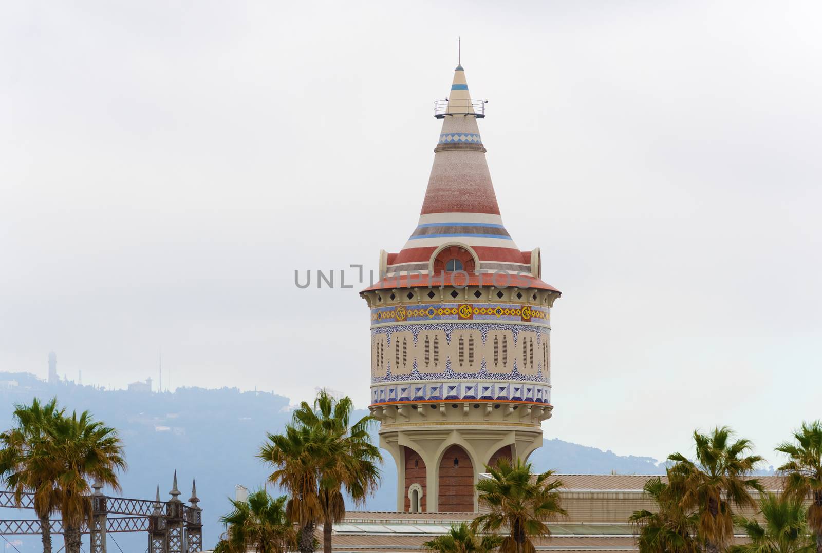 Ornate water tower near hospital by seafront at Barceloneta, Barcelona, Catalonia, Spain 