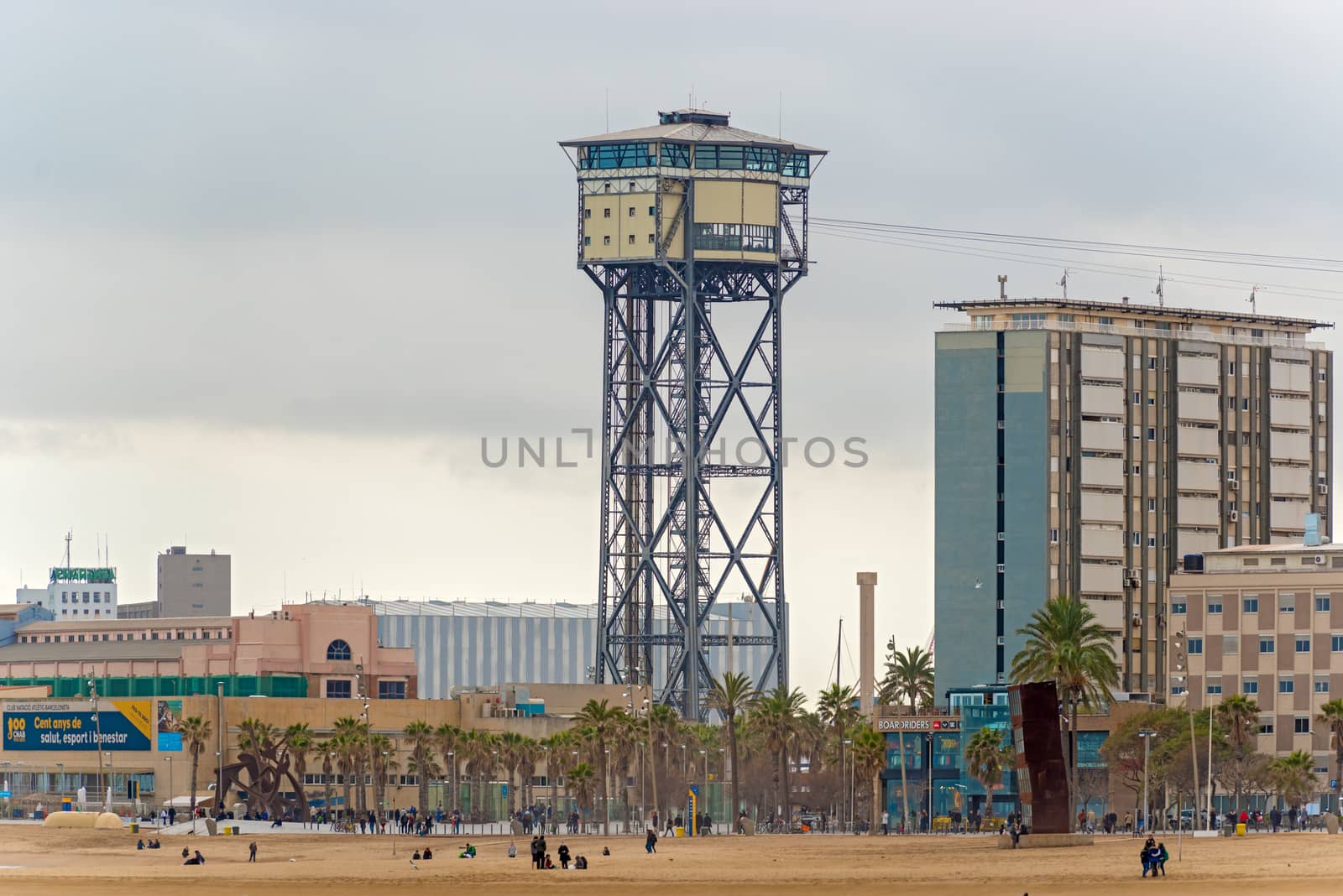 Barcelona, Spain: January 25, 2014: Torre San Sebastia Seventy eight meter tower inaugureted in 1931 and it is terminal of the aerial tramway.