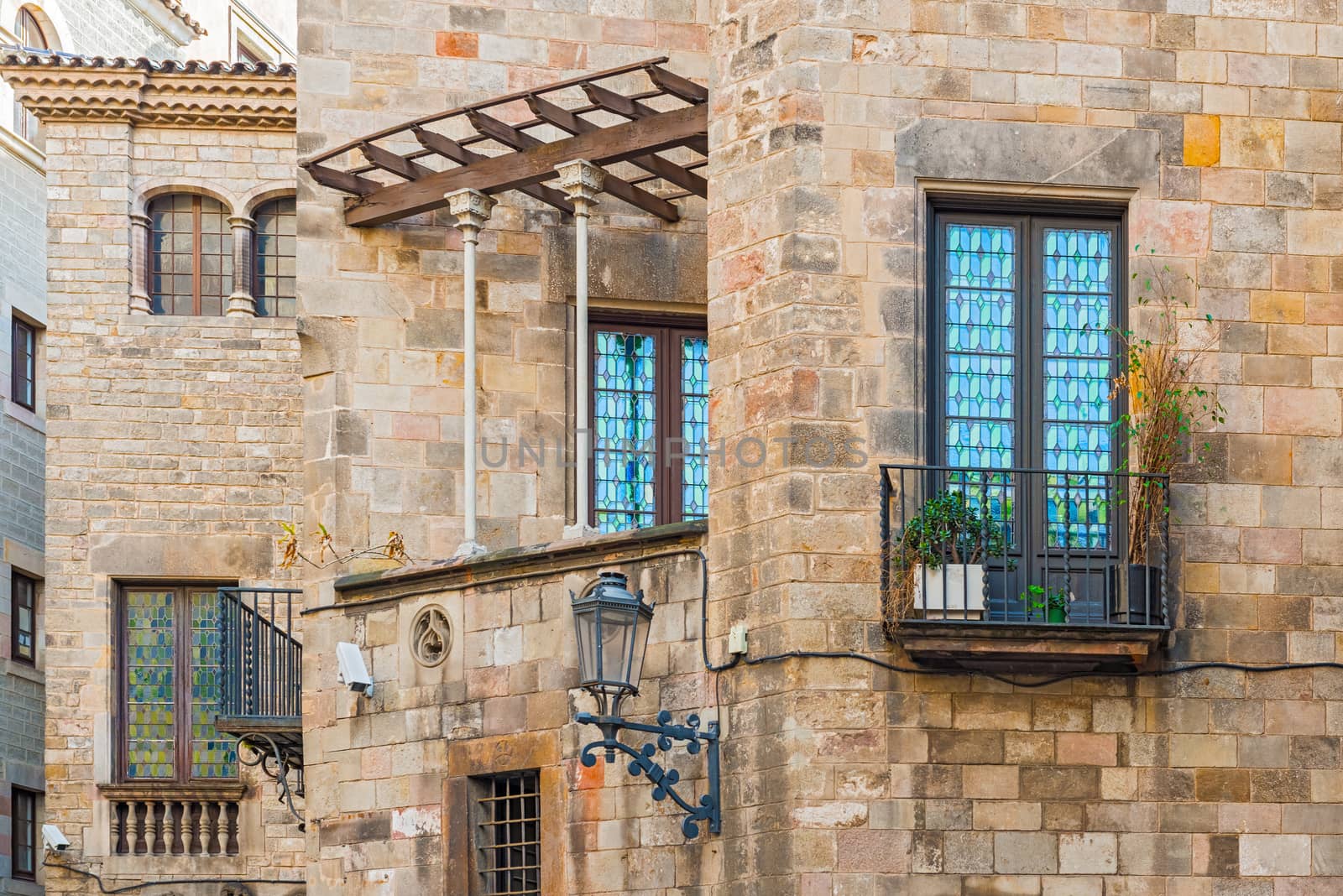 Buildings details in old part of Barcelona called Gothic Quarter.