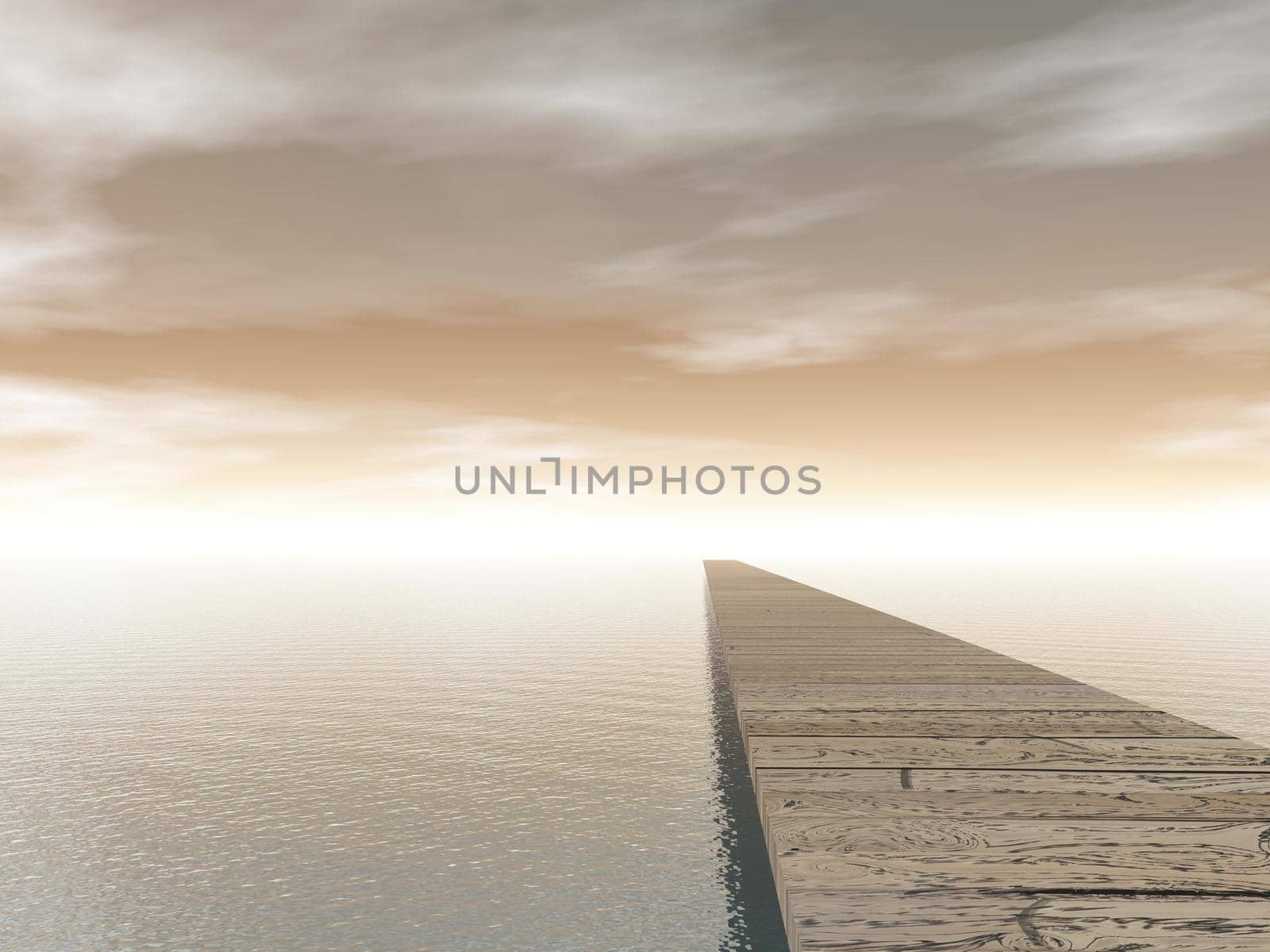 Old wooden pontoon leading to the horizon upon water by brown day