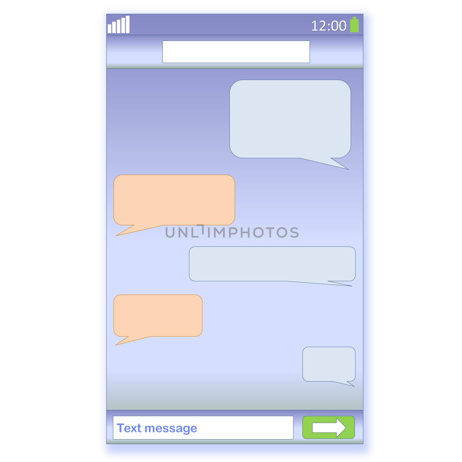 Screen of a mobile touch phone with sms chat on it in white background