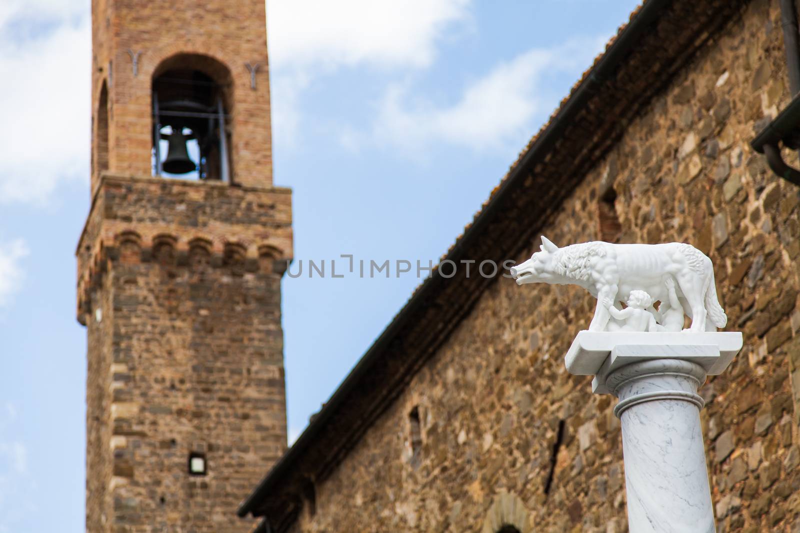 Tuscany, Italy. Statue of the legendary wolf with Romolo and Remo, founders of Rome