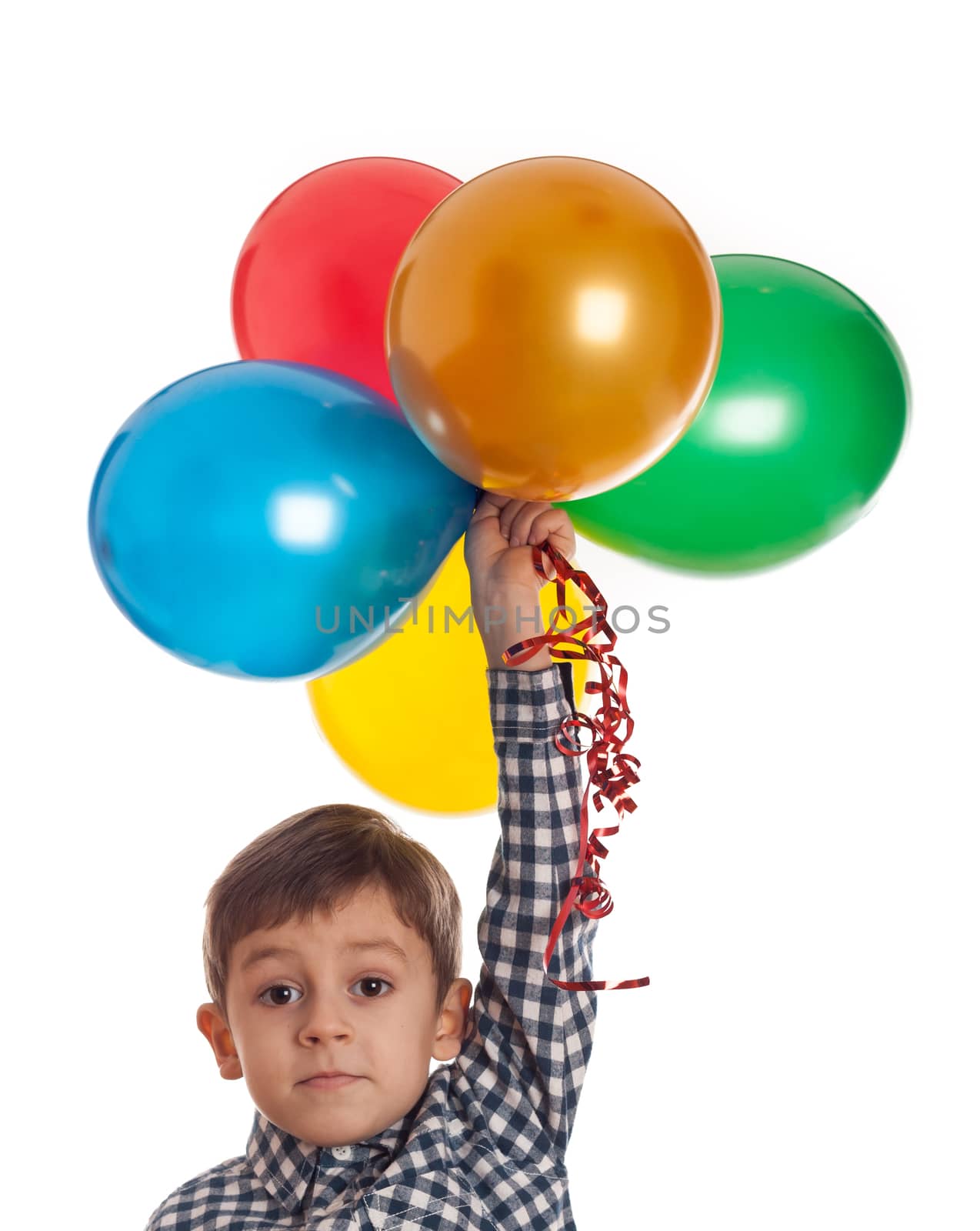 young boy with balloons on white background