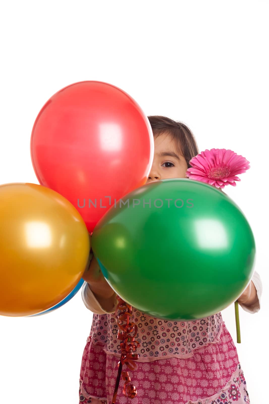 girl with balloons and flower on white background