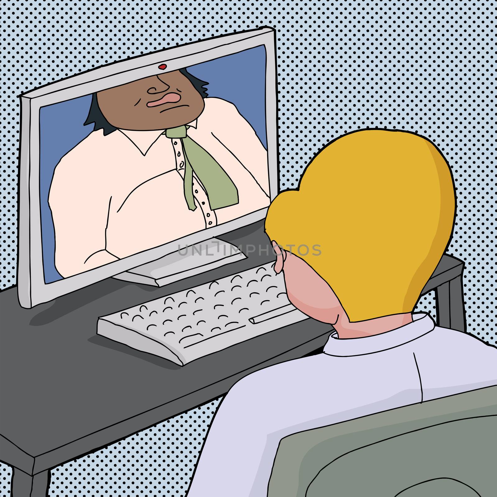 Cartoon of two business men talking online with computer