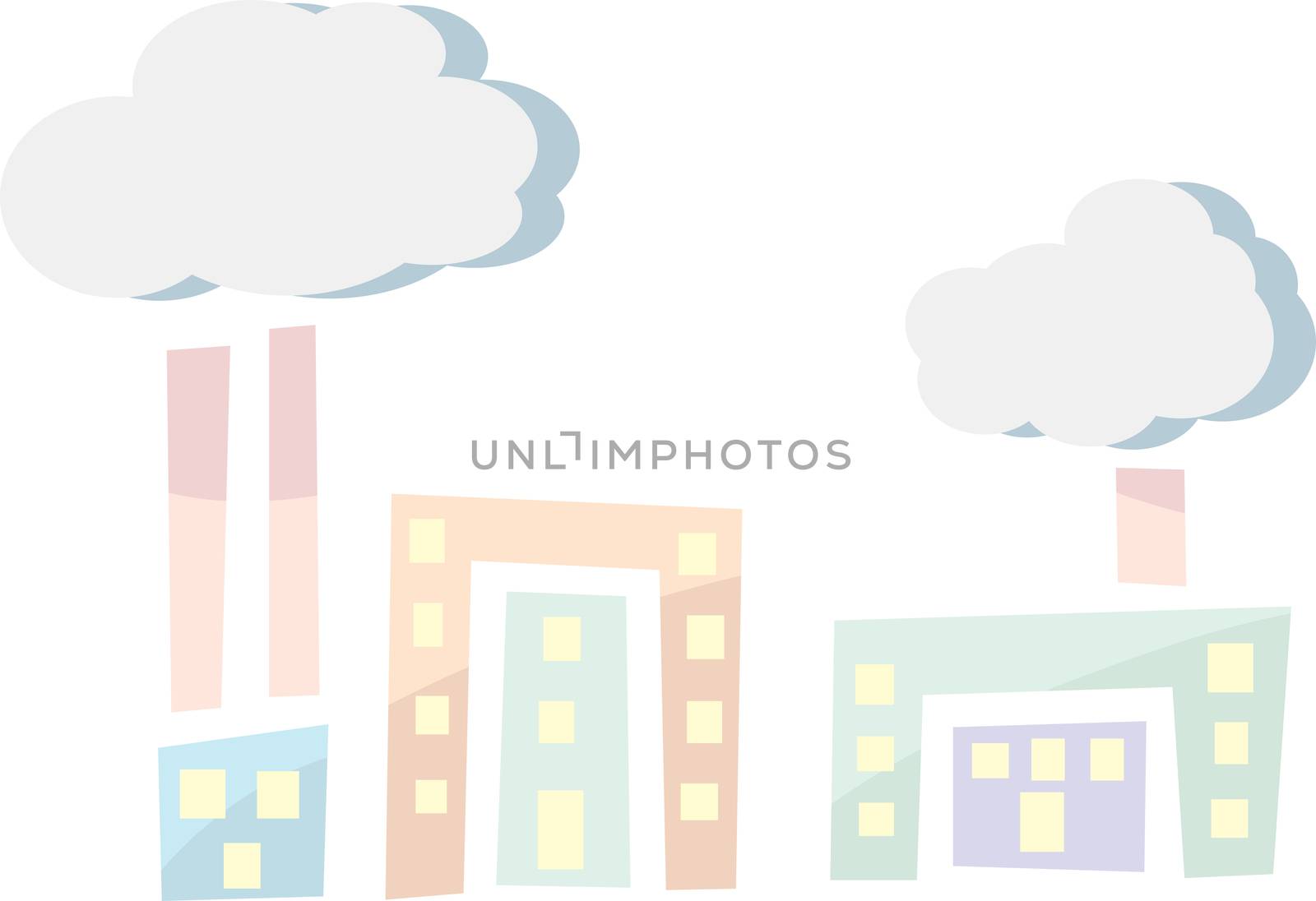 Abstract icons of buildings with smokestacks and smog