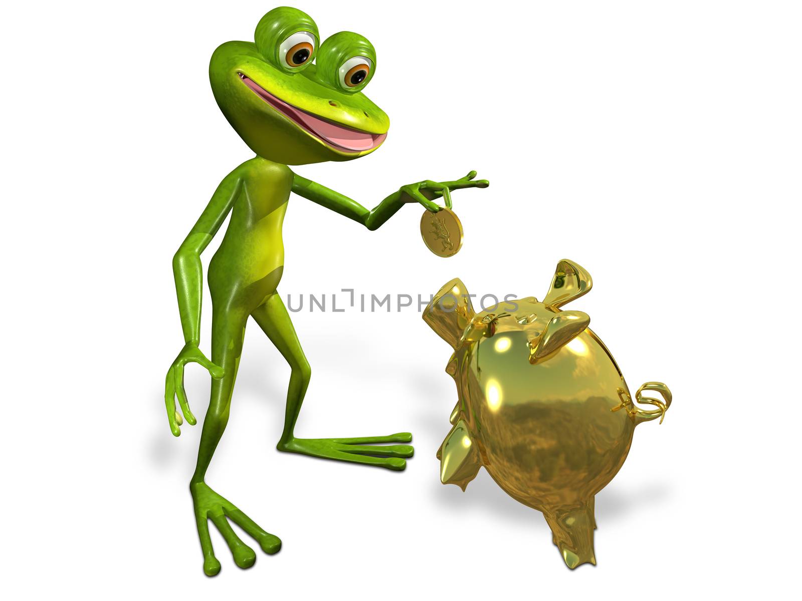 illustration merry green frog with piggy bank