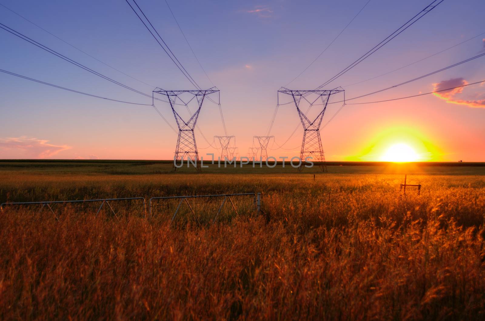South African electricity power lines with sun at dusk on the highveld.