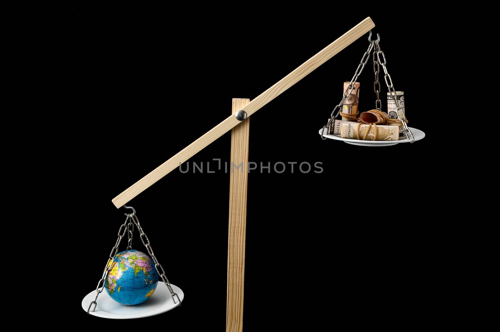 Globe Planet Earth and Money on a Two Pan Balance