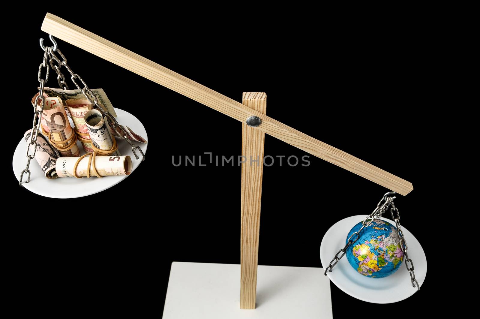 Globe Planet Earth and Money on a Two Pan Balance