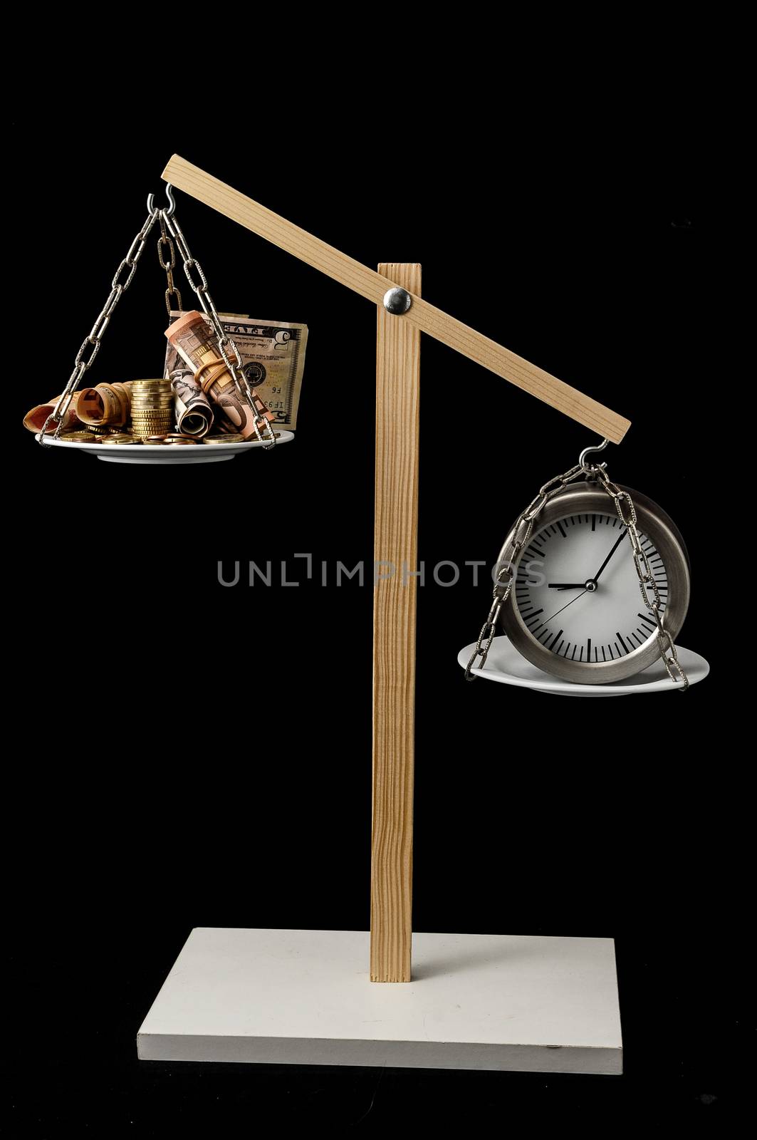 Time is Money Concept Clock and Currency on a Two Pan Balance