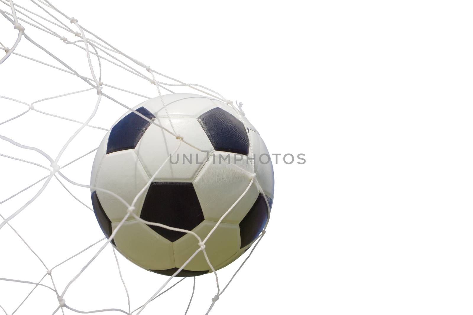 soccer ball in net on white, with clipping path