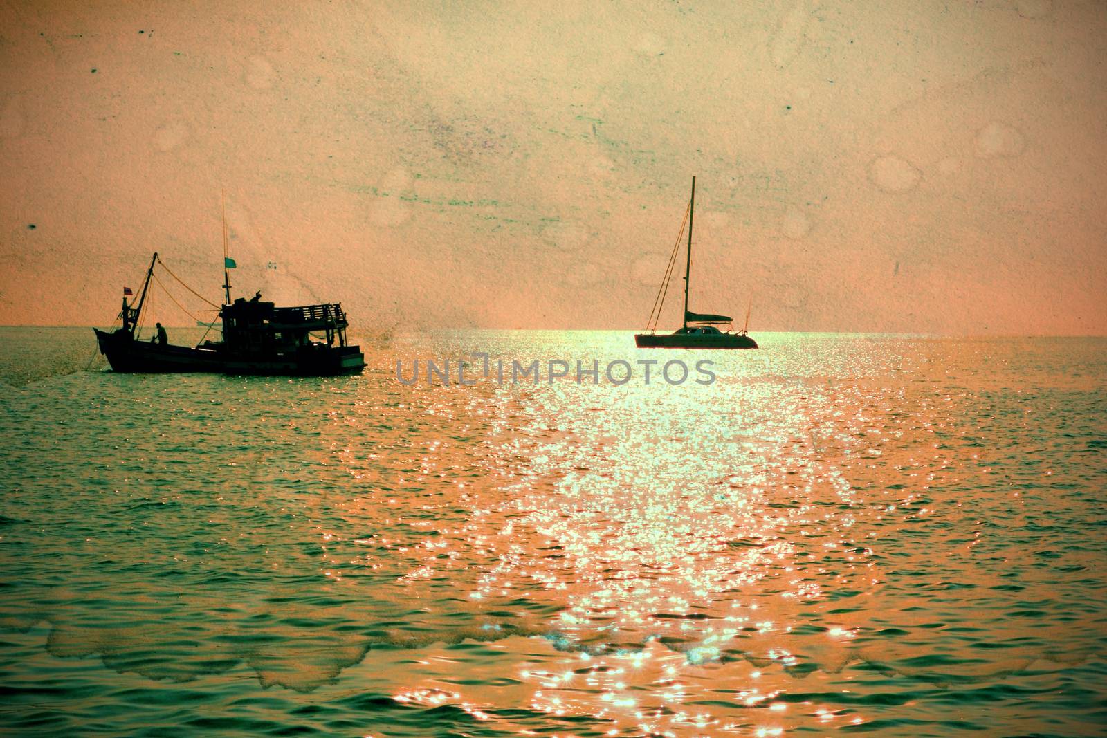 Fisherman boat at sunset, retro style