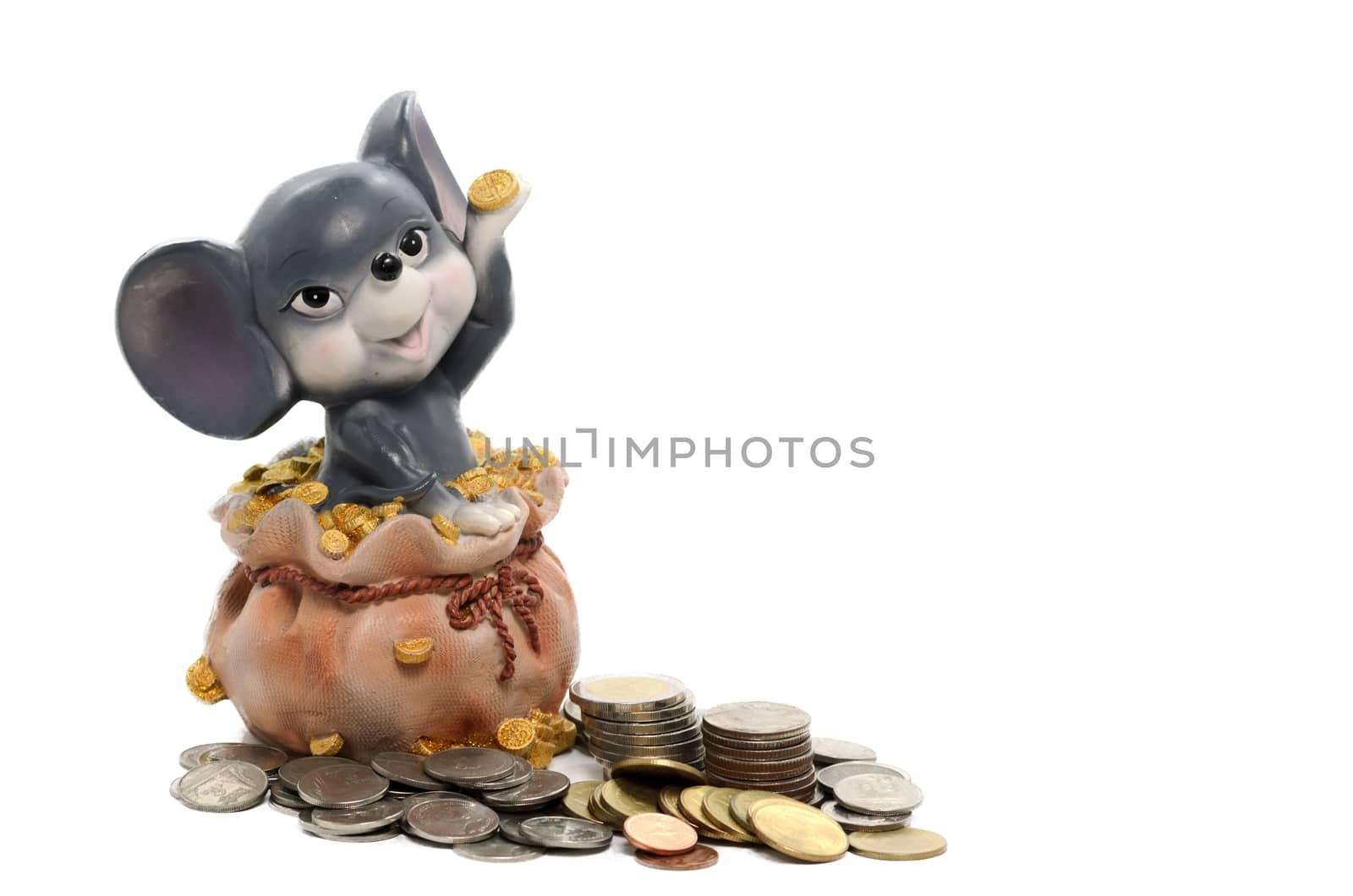 Rat coin bank and coins isolated