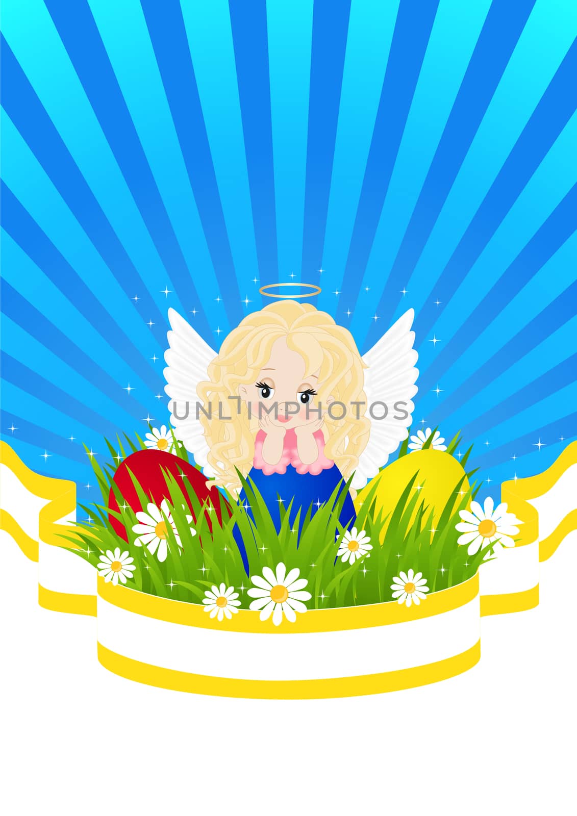 greeting card for Easter with little angel and painted eggs