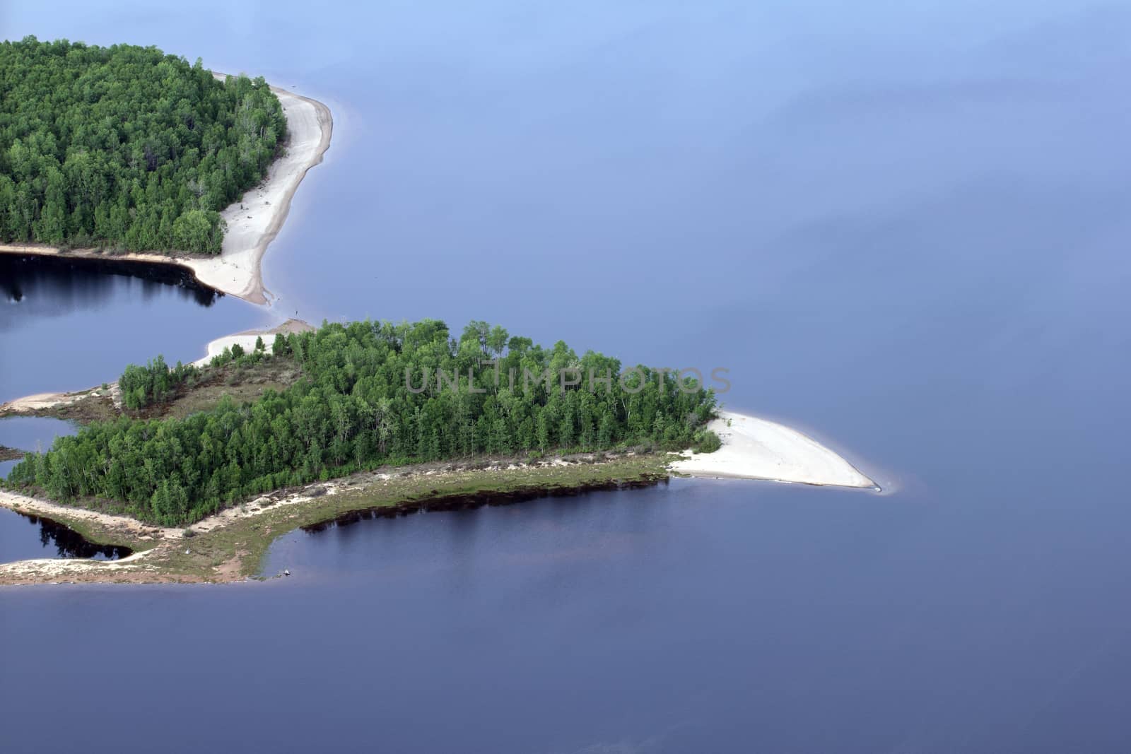 plane view of a wild island on a lake