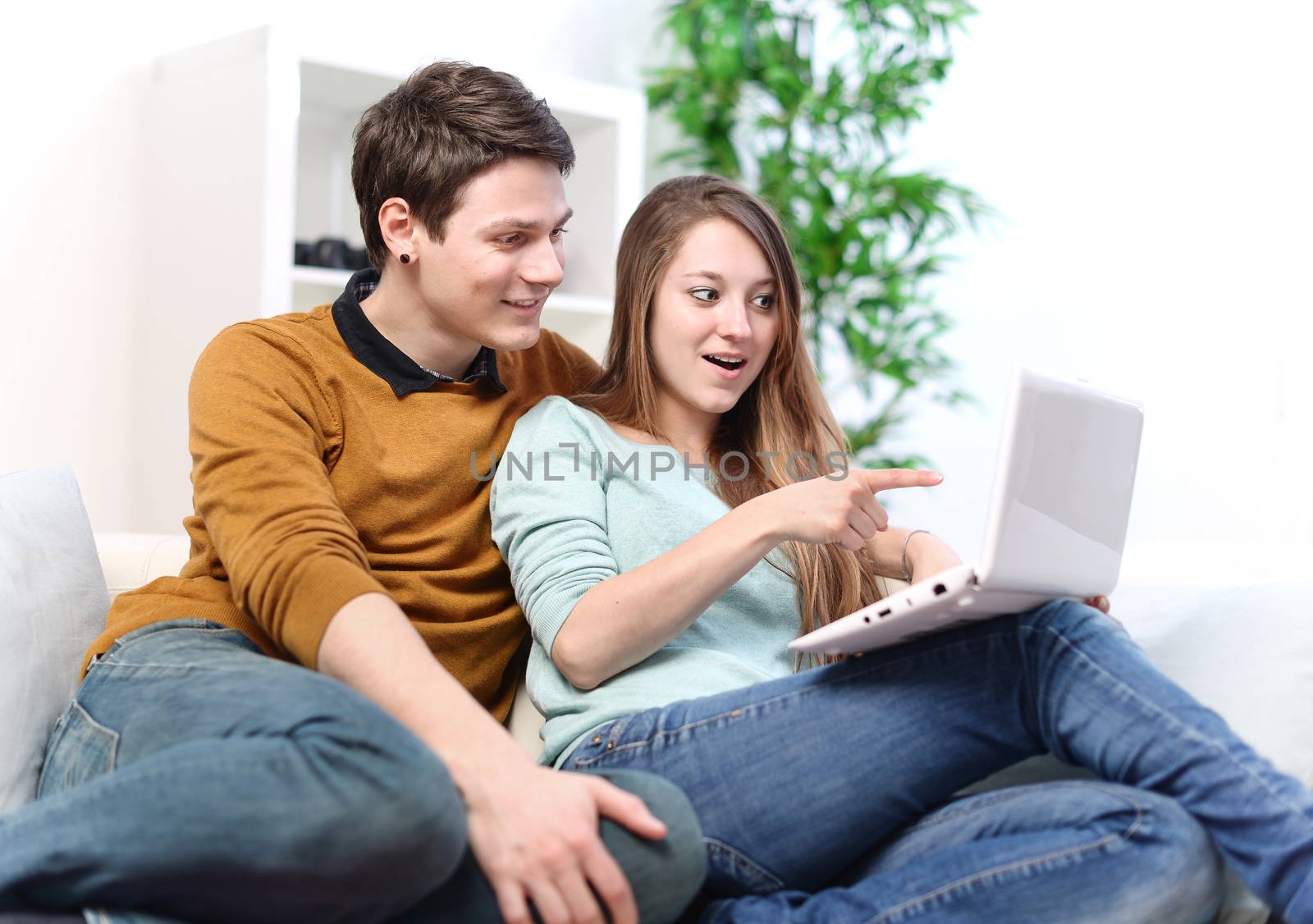 Attractive joyful woman showing something on its laptop computer to her boyfriend