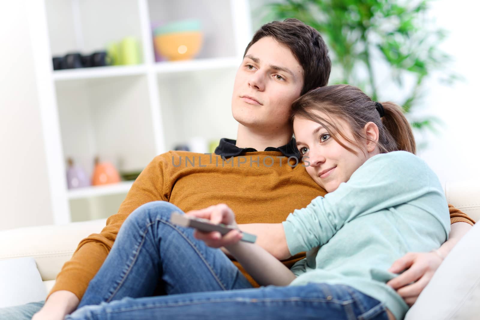 Lovers watching tv in the living room at home