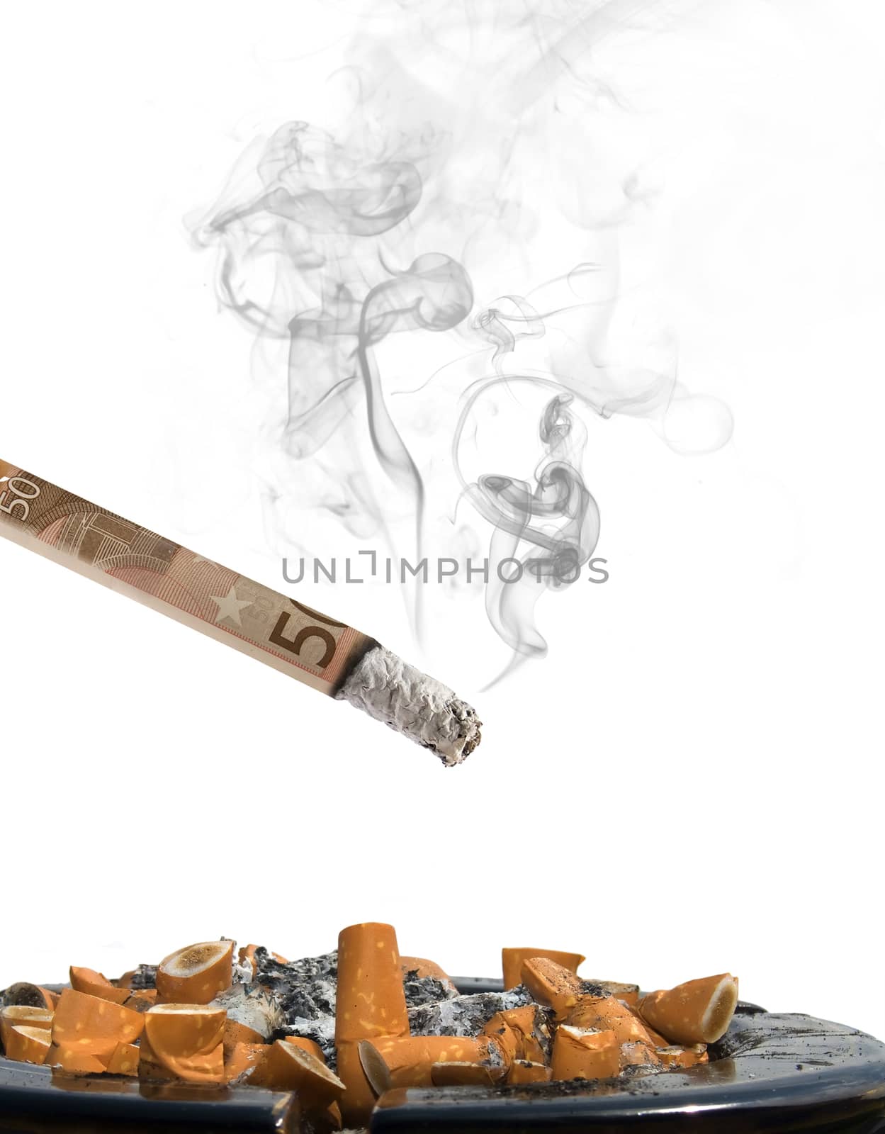 50 euro cigarette with ashtray and smoke on white background