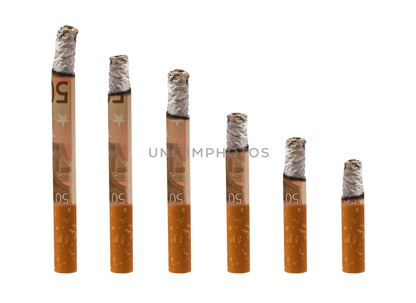 six euro cigarettes on white background