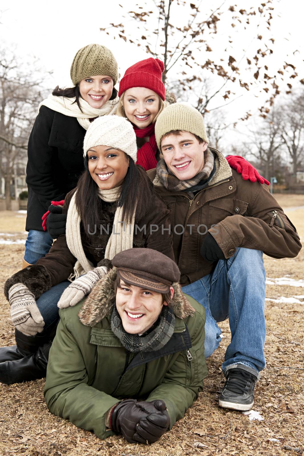 Group of young friends having fun outdoors in winter