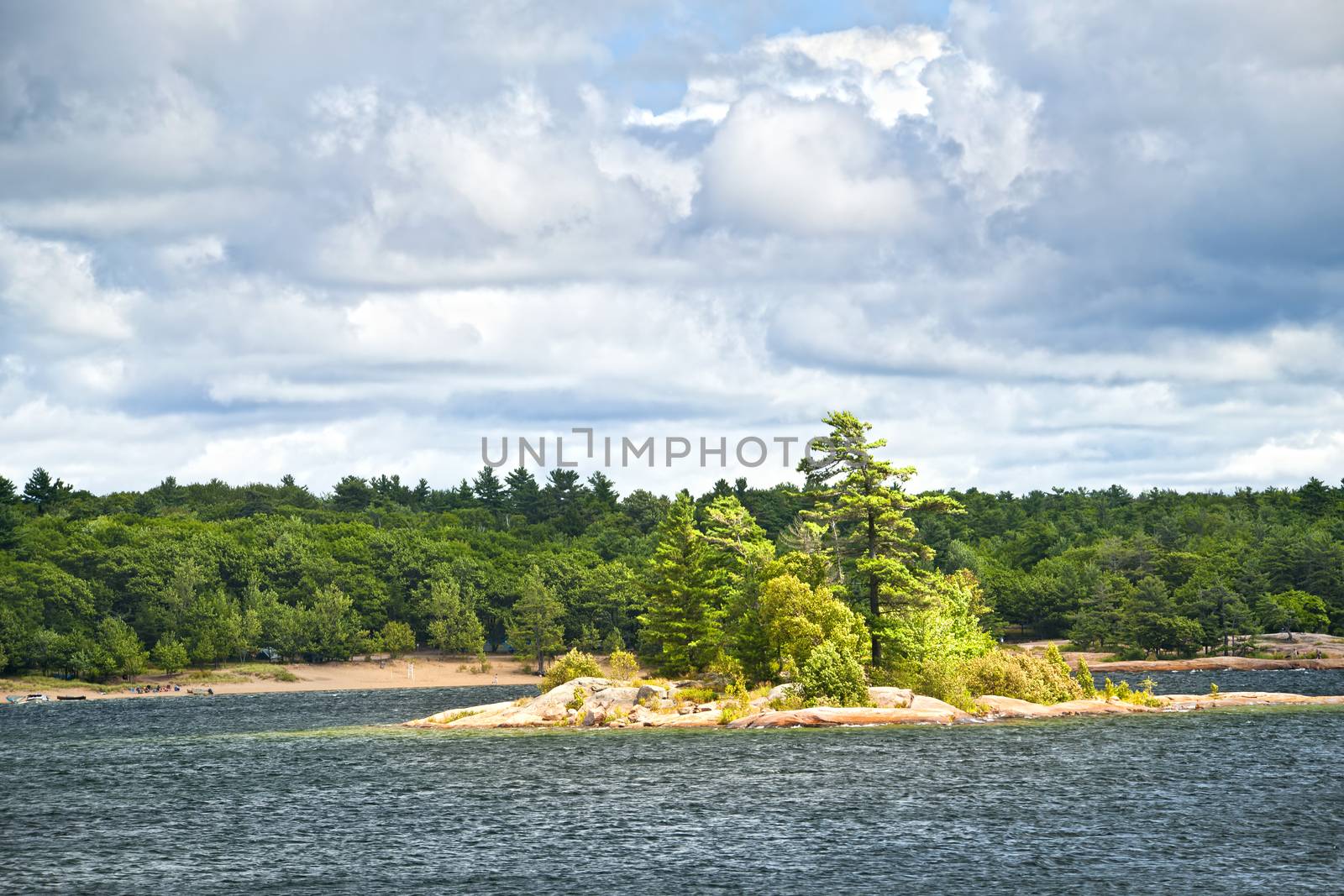 Small island and beach in Killbear provincial park near Parry Sound, Ontario Canada