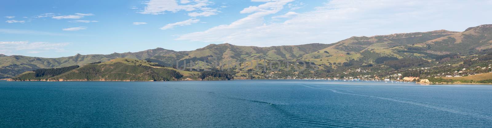 Panoramic view of the coastline around Akaroa harbour near Christchurch on South Island of New Zealand