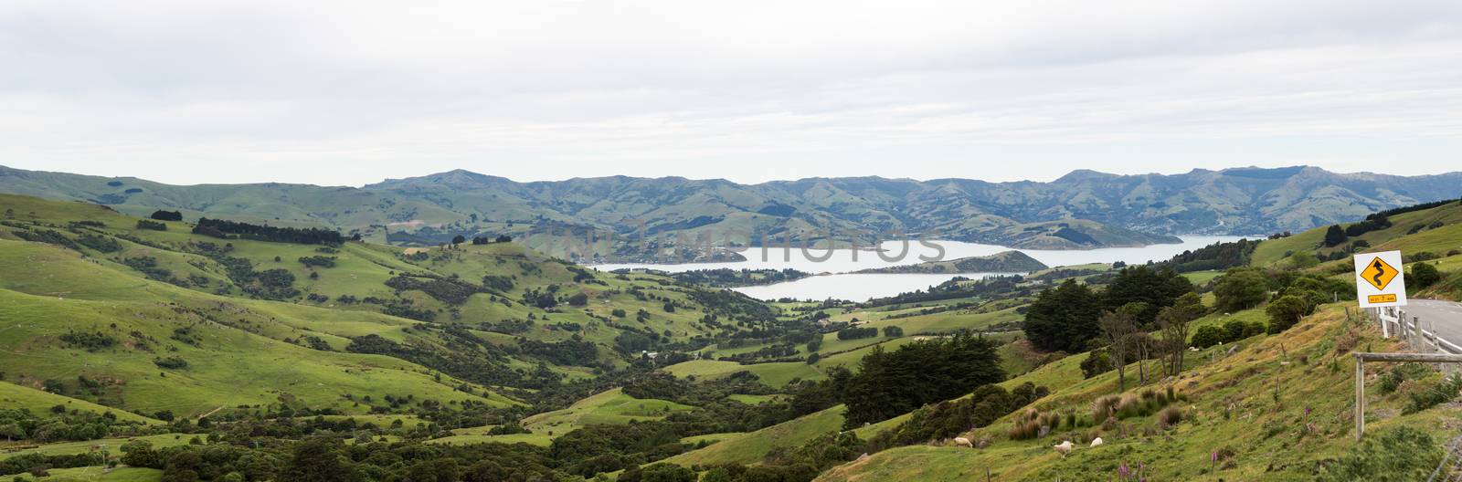 Panoramic view of the coastline around Akaroa harbour near Christchurch on South Island of New Zealand