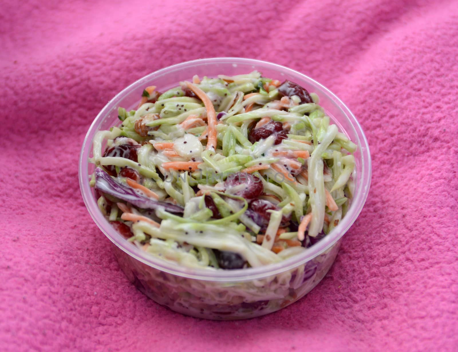coleslaw in a to-go container with cranberries